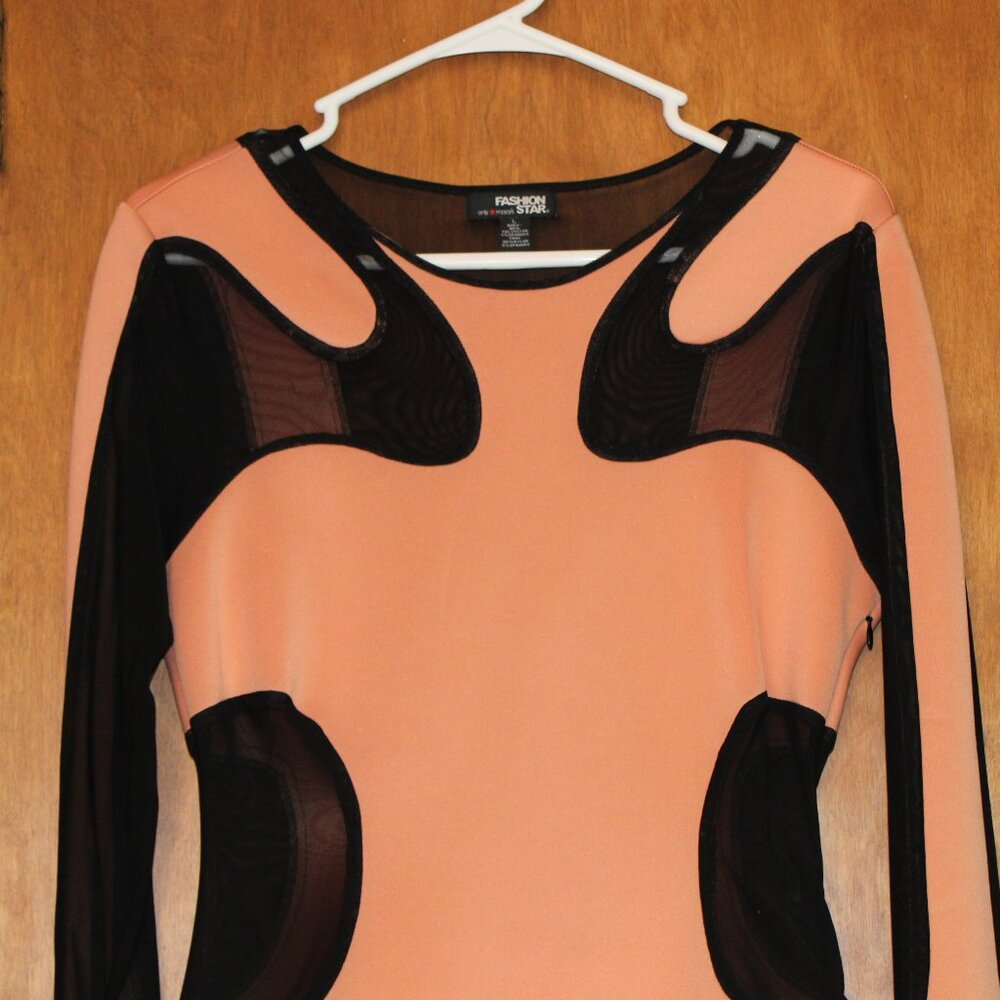 Fashion Star Macy’s Peach Mesh Panel Bodycon Dress Sheer Cutout Long Sleeve Size
